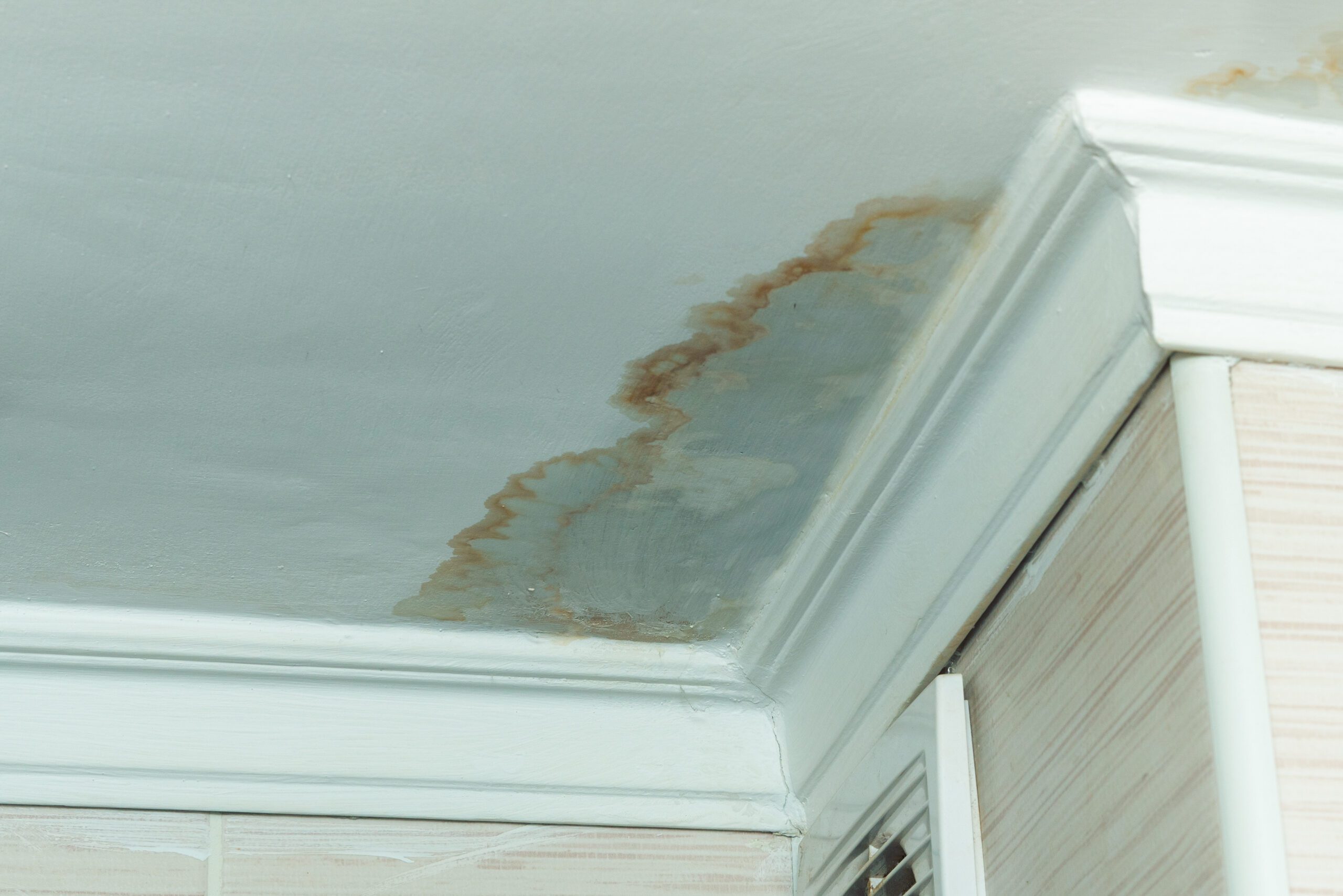 Neighbors have a water leak, water-damaged ceiling, close-up of a stain on the ceiling leaking roof leaves wet spot on ceilings