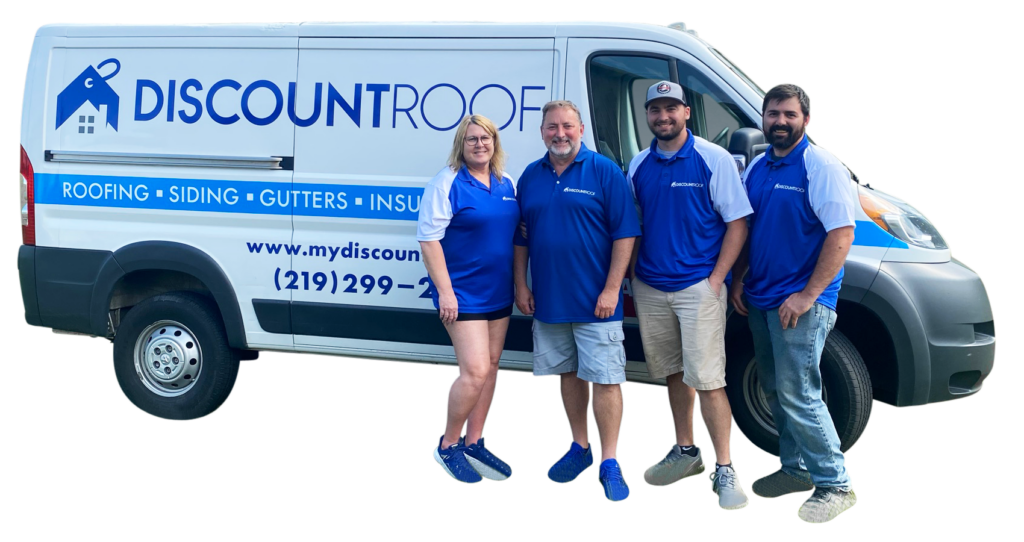 about us at Discount Roof - our team in front of company vehicle; best roofers in valparaiso, indiana