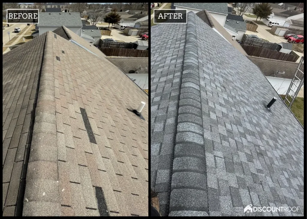 hail damaged roof with missing shingles and hail dents before and after a replacement from Discount Roof in Valparaiso