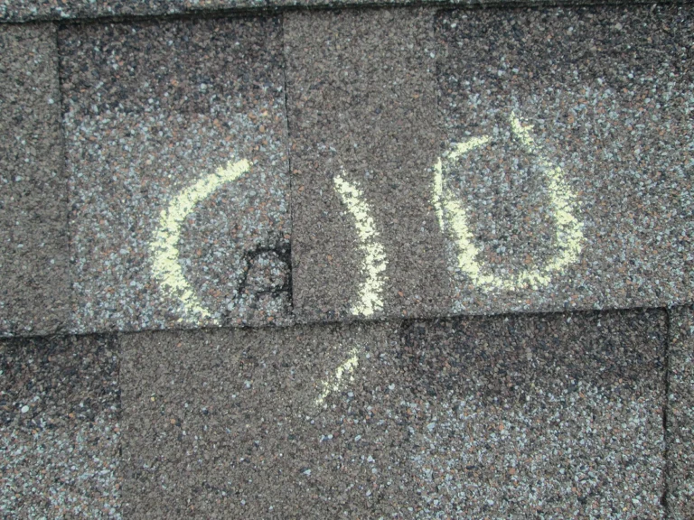 close up of marked hail damage on asphalt shingles