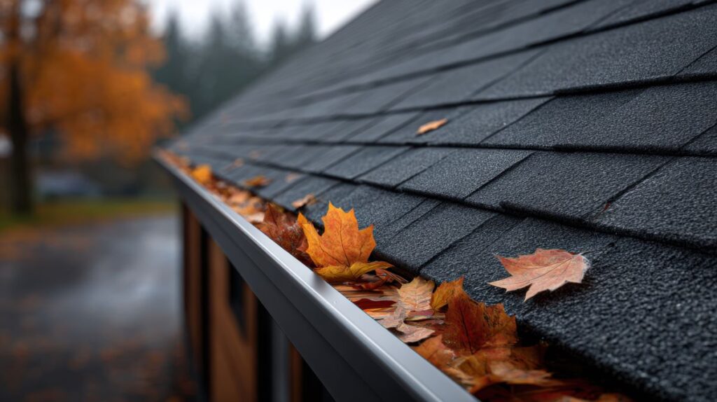 close-up of shingles with fall leaf
