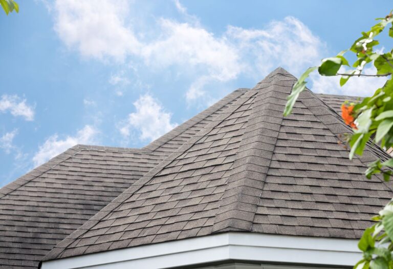 gray asphalt tile roof against blue sky