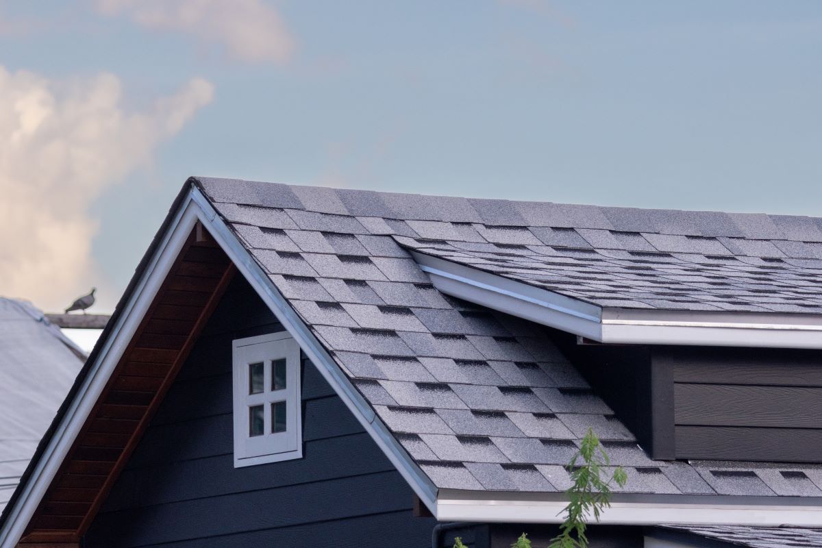 gray shingle roof against blue sky