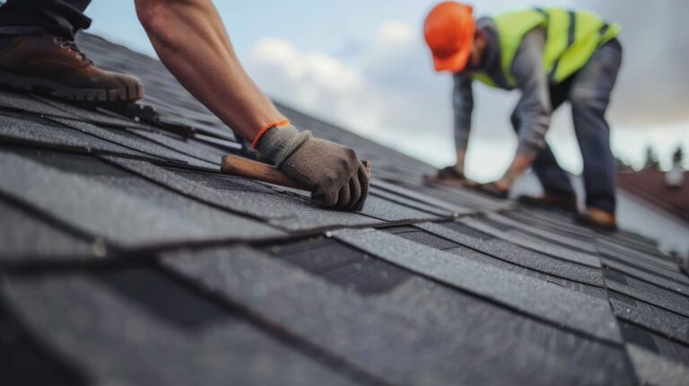 two workers inspecting a roof