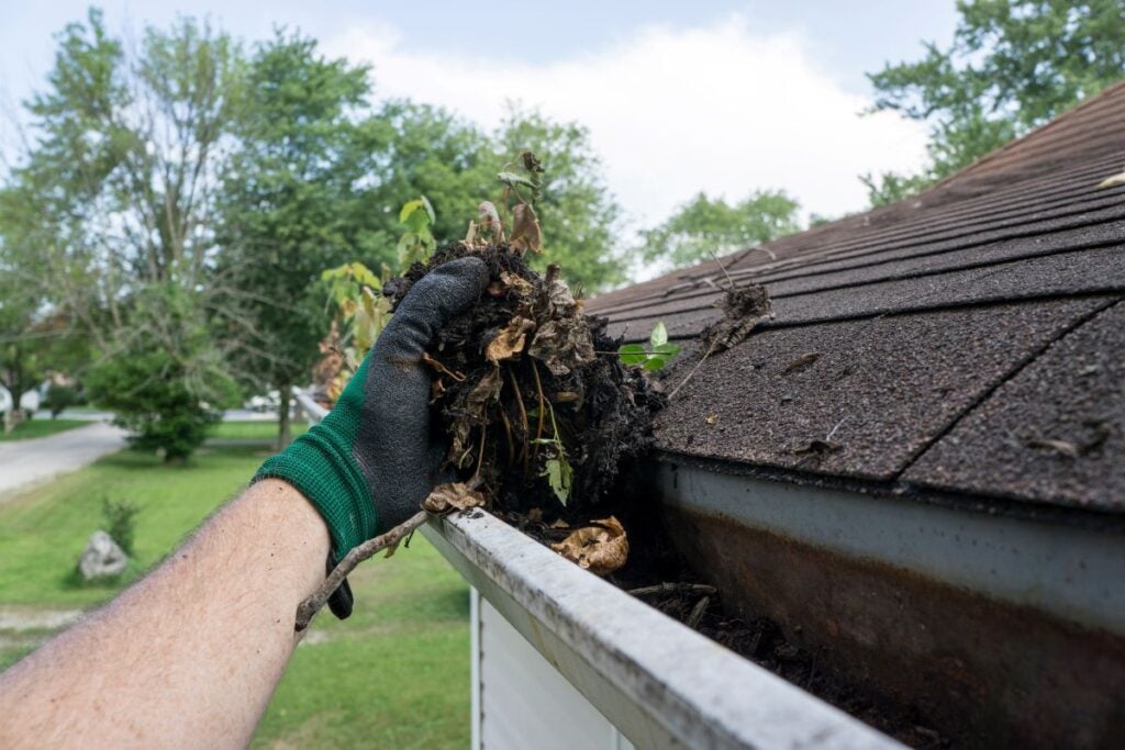 Cleaning Gutters Filled With Leaves & Sticks