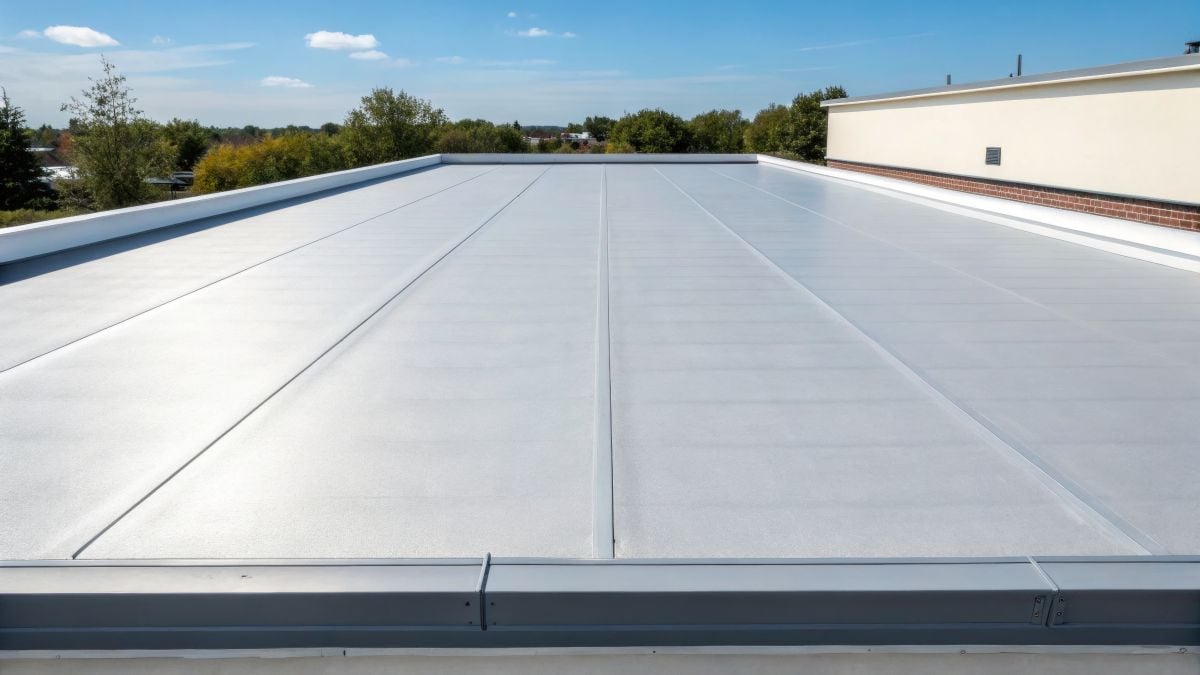 Flat roof surface with waterproof membrane