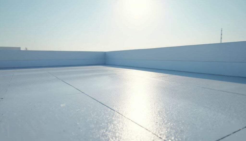 Waterproof coating applied to flat roof surface. Modern building exterior protection from moisture. Weather barrier installation secures structure