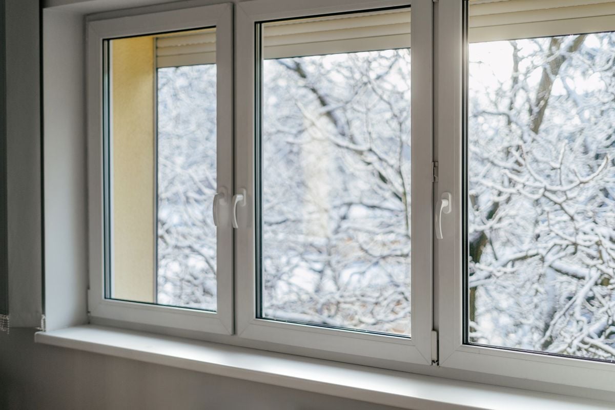pella windows winter time outside white frame
