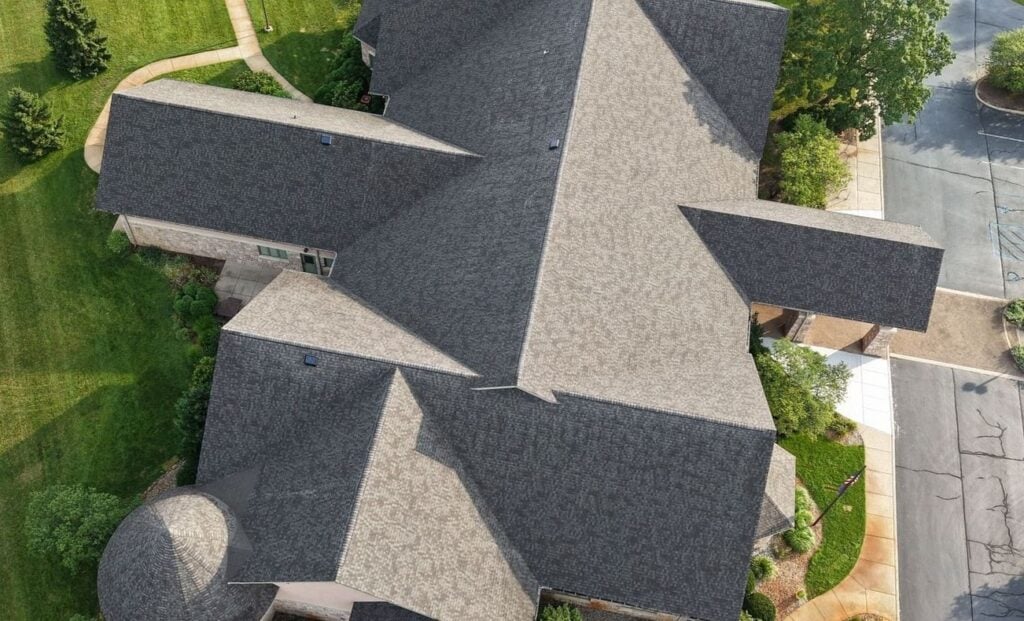 aerial view of a newly repaired roof