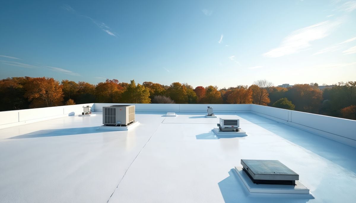 Modern white flat commercial roof features various HVAC systems, ventilation units