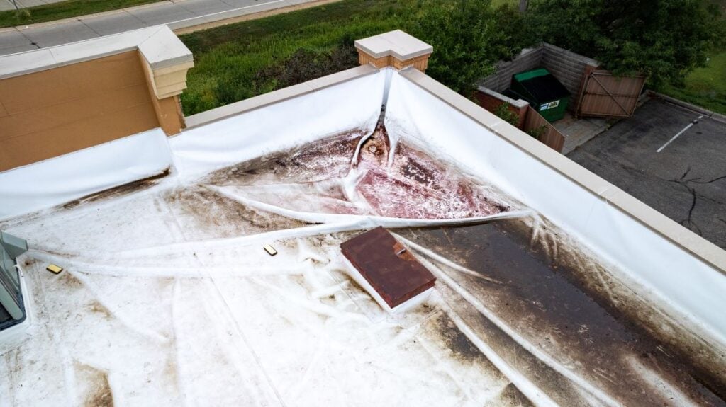 commercial flat roof repair white TPO section damaged