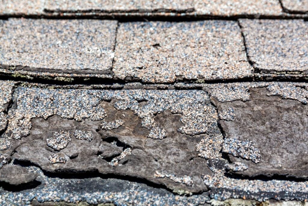 wind damaged shingles granule loss close up