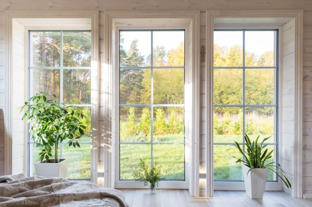 window replacement cost squared window wooden wall small plants on the floor